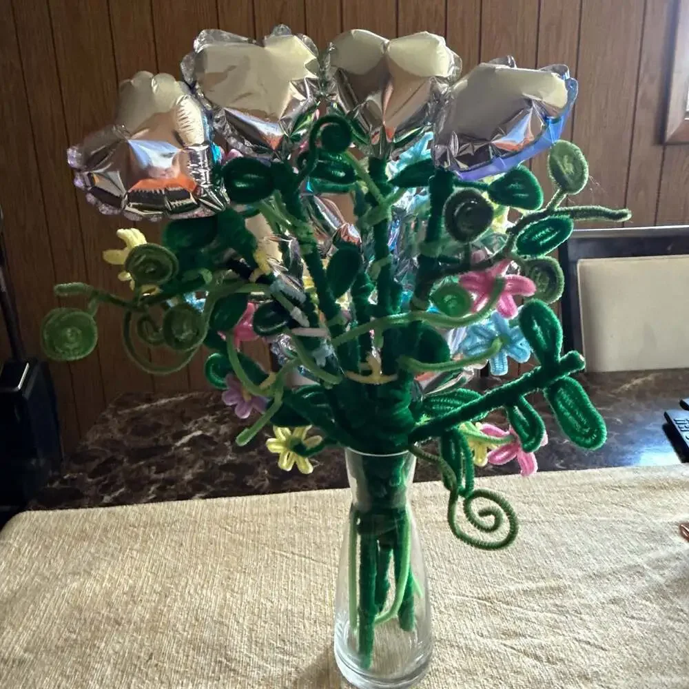 Handmade Pipe Cleaner Flower and Mini Foil Heart Balloon Bouquet in Glass Vase